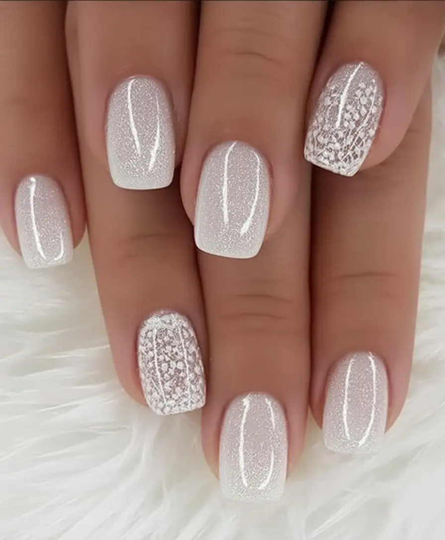 White Nails Made for Summer 2025 Lace And Sparkle Illusion