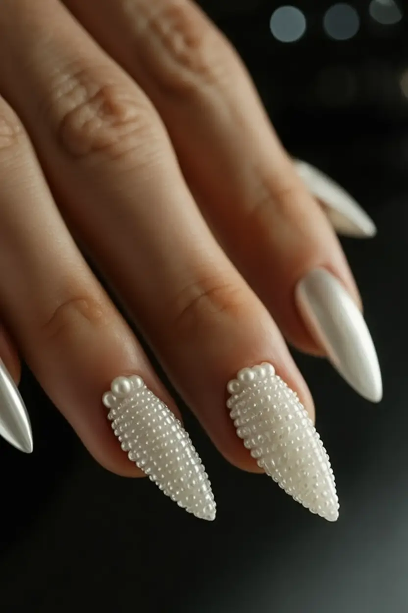 White Nails Made for Summer 2025 Pearl-Covered Elegance On Almond Tips
