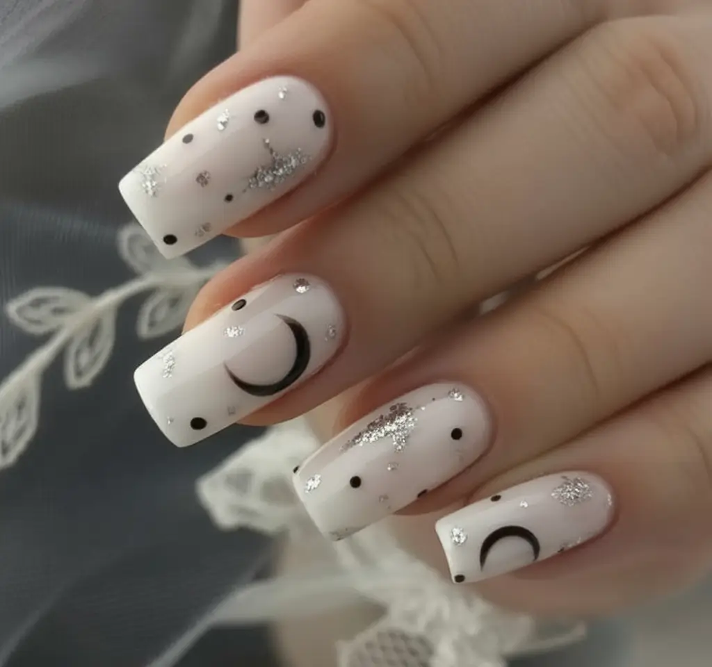 White Nails Made for Summer 2025 Lunar Silver Night Magic