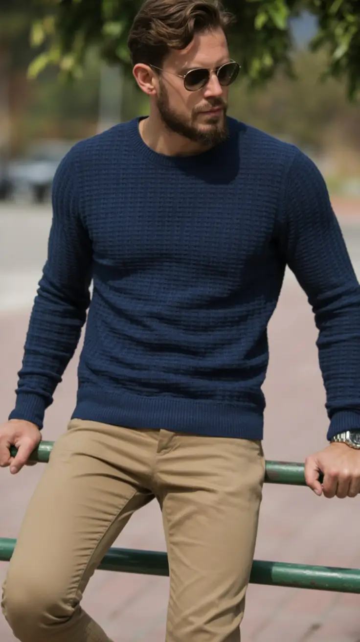 2025 men’s business casual looks for the fall season Navy Texture and Sandstone Calm