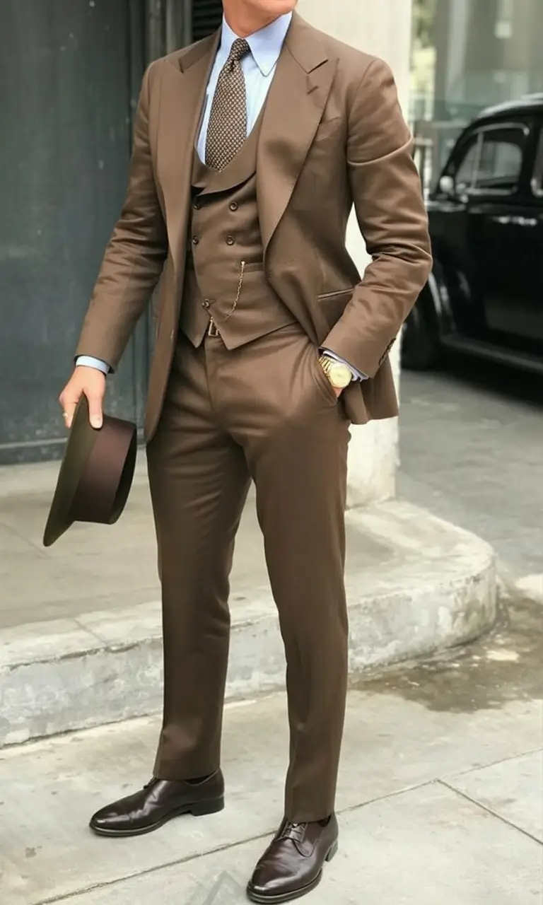 2025 men’s business casual looks for the fall season Brown Three-Piece No Apologies