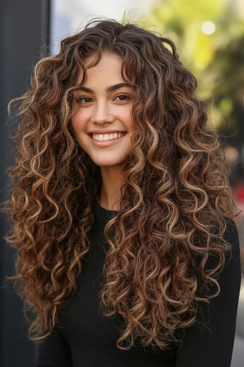 August Hair Color Ideas 2025 Rich Brunette Curls With Golden Ribbon Lights