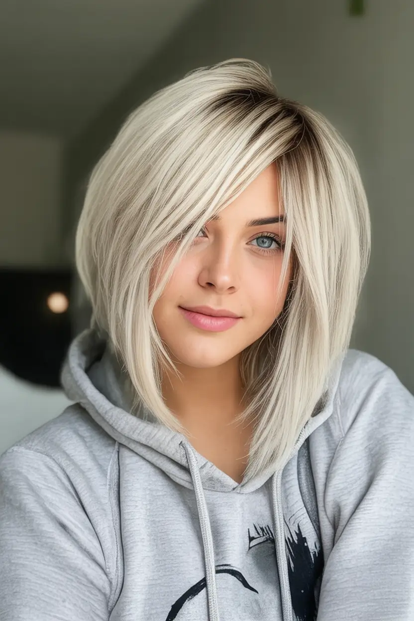 August Hair Color Ideas 2025 Icy Shadow Root Bob With Platinum Pop