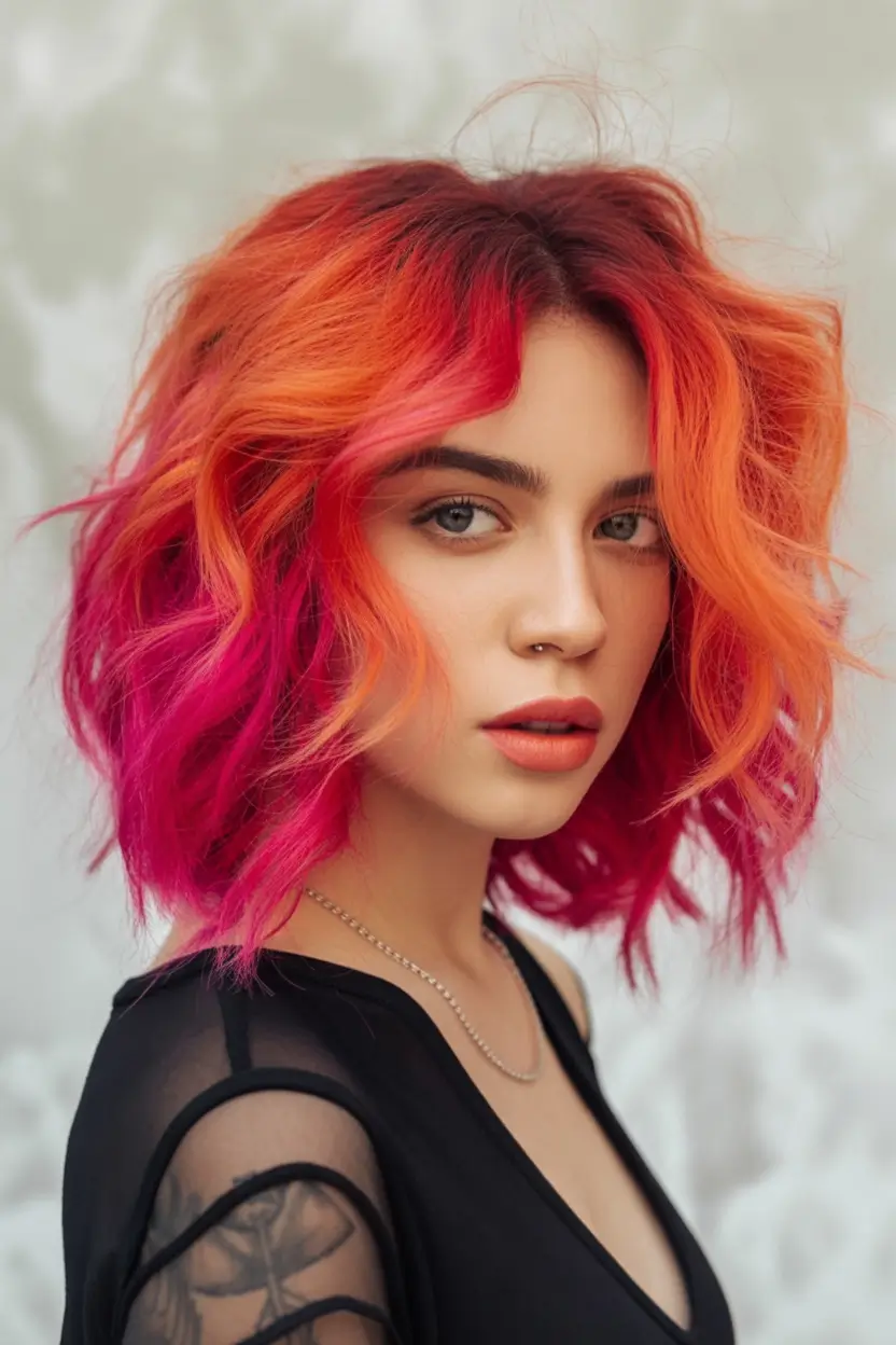 August Hair Color Ideas 2025 Sunset Fire Bob With Tangerine Melt
