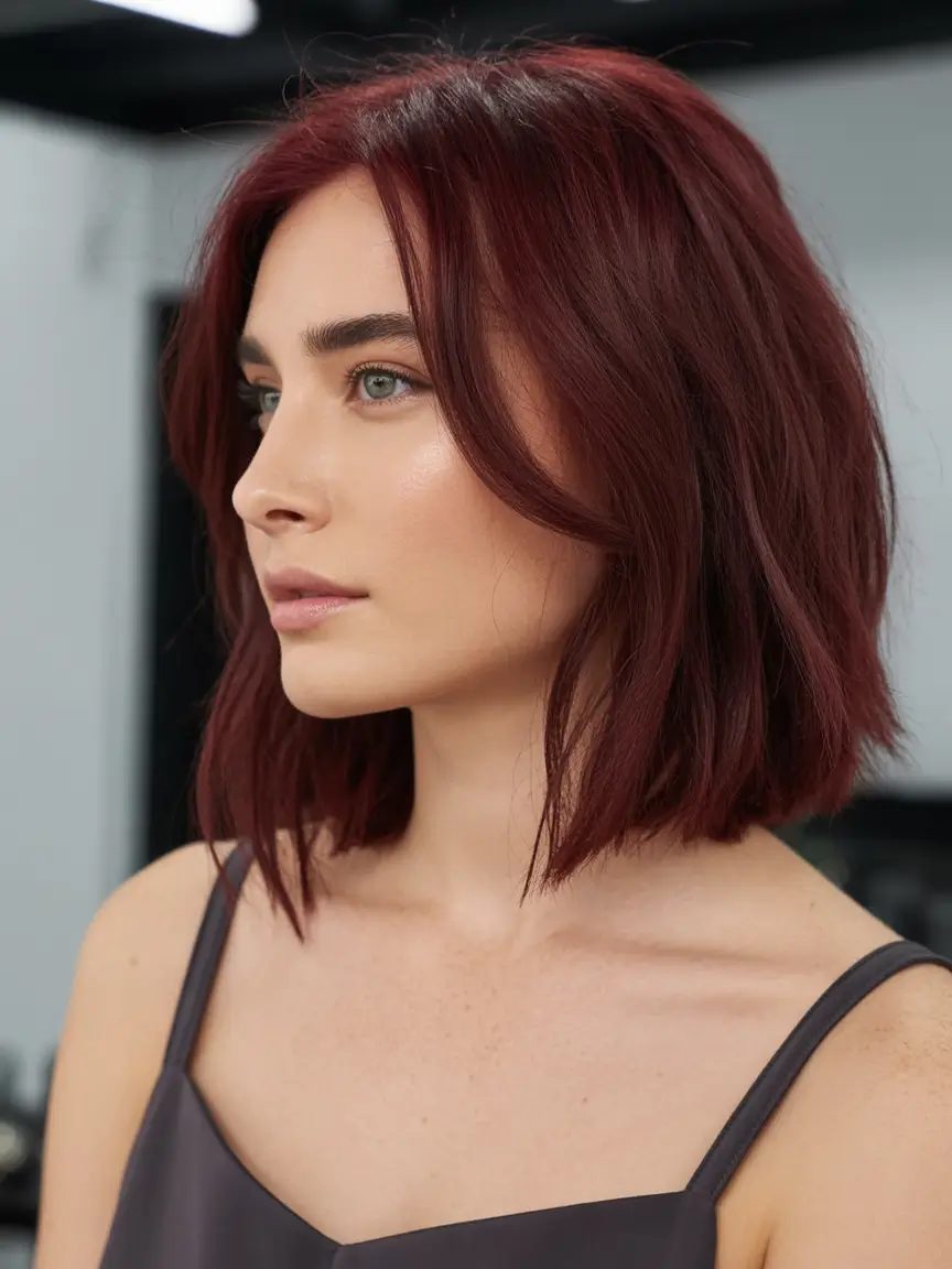 August Hair Color Ideas 2025 Glossed Cherry Wine Lob With Vintage Edge