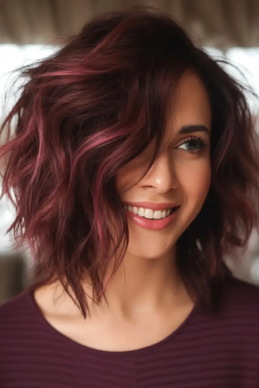 August Hair Color Ideas 2025 Berry Brunette Waves