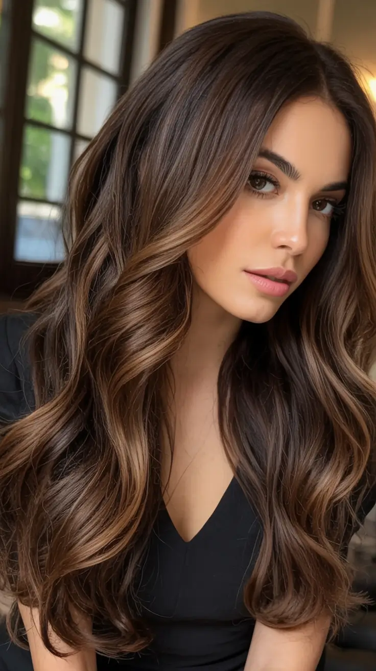 August Hair Color Ideas 2025 Glossy Espresso Swirl