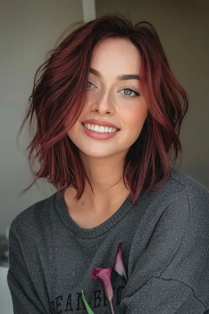 August Hair Color Ideas 2025 Crimson Crush Lob