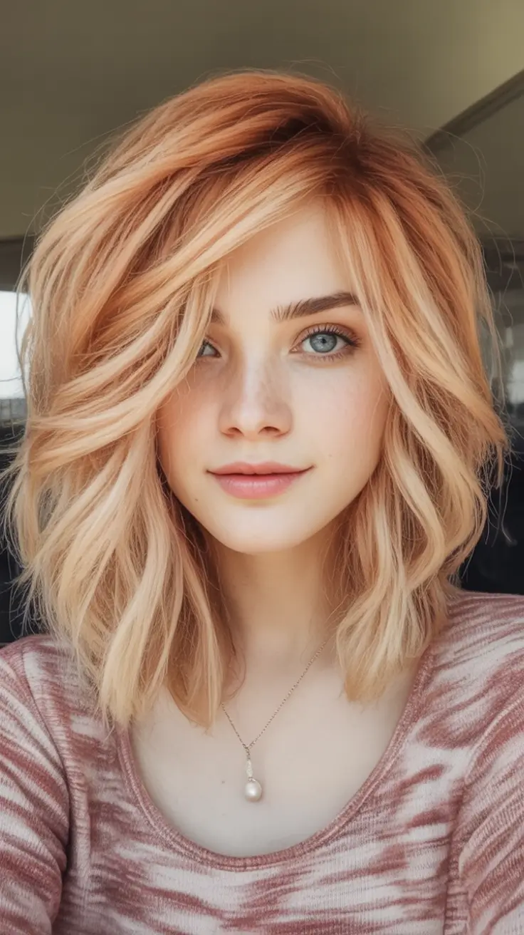 August Hair Color Ideas 2025 Soft Peachy Lob With Summer Glow