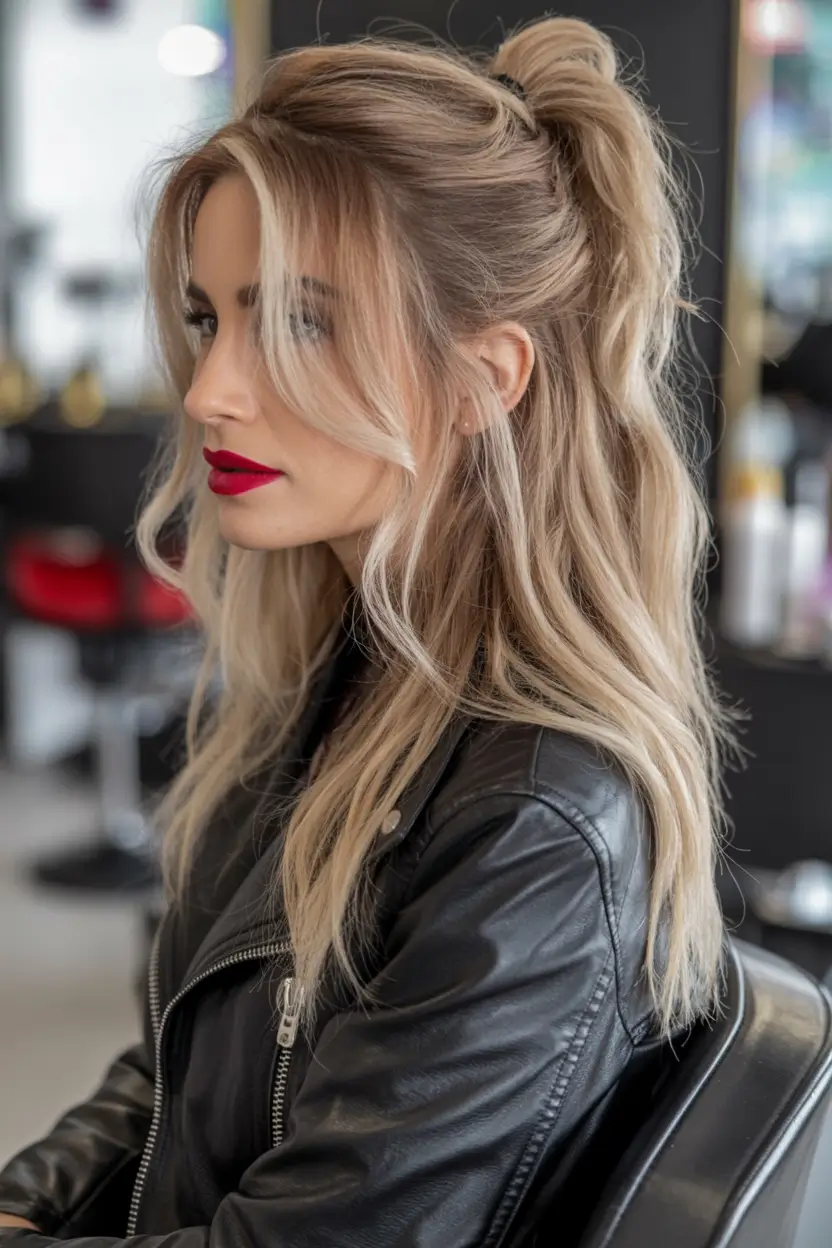 August Hair Color Ideas 2025 Golden Latte Half-Up With Face-Framing Lights