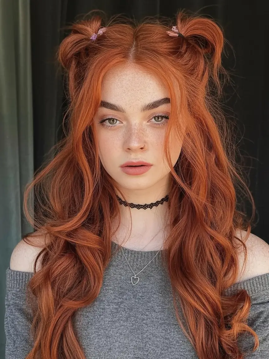 August Hair Color Ideas 2025 Spiced Copper Red With Soft Double Buns