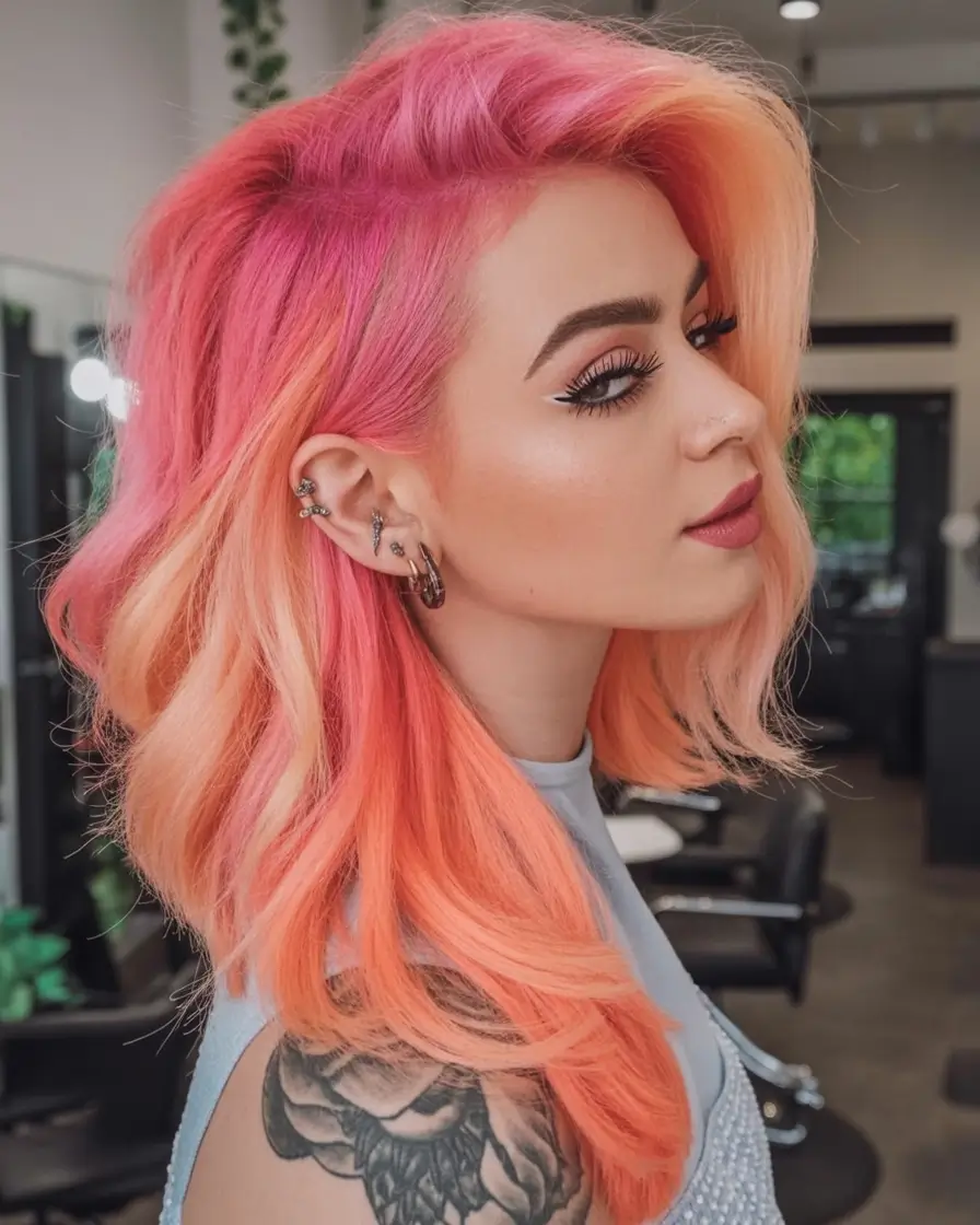 August Hair Color Ideas 2025 Neon Melon Gradient With Rockstar Energy