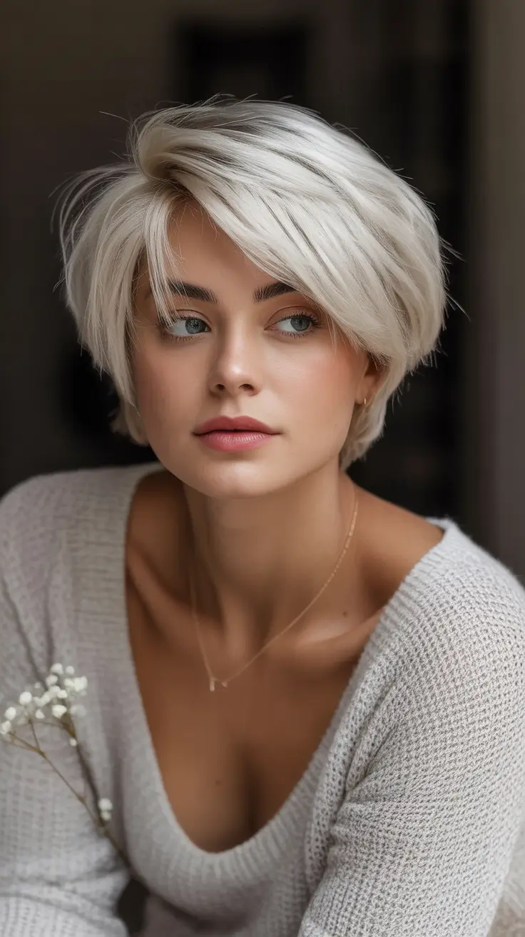 August Haircut Ideas 2025 Short Platinum Layers for a Cool-Down Moment