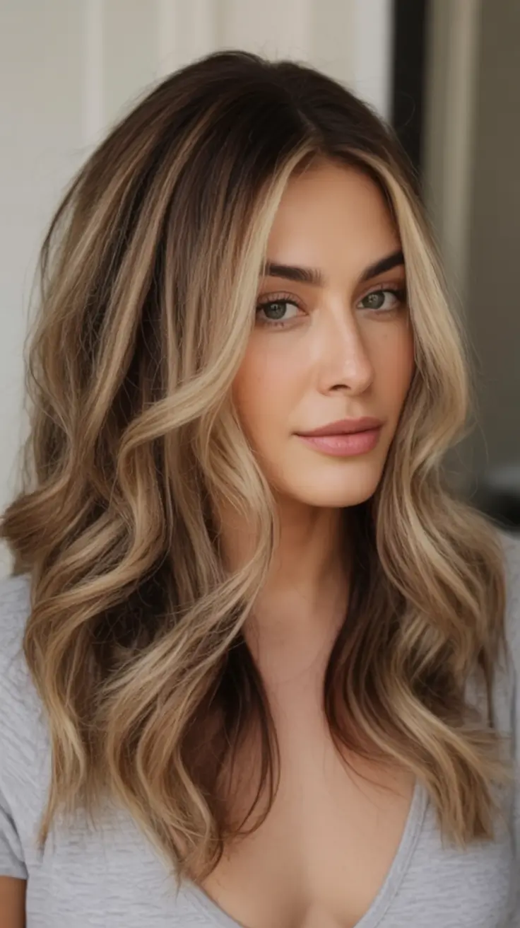 August Haircut Ideas 2025 Sun-Kissed Medium Waves with Dark Roots