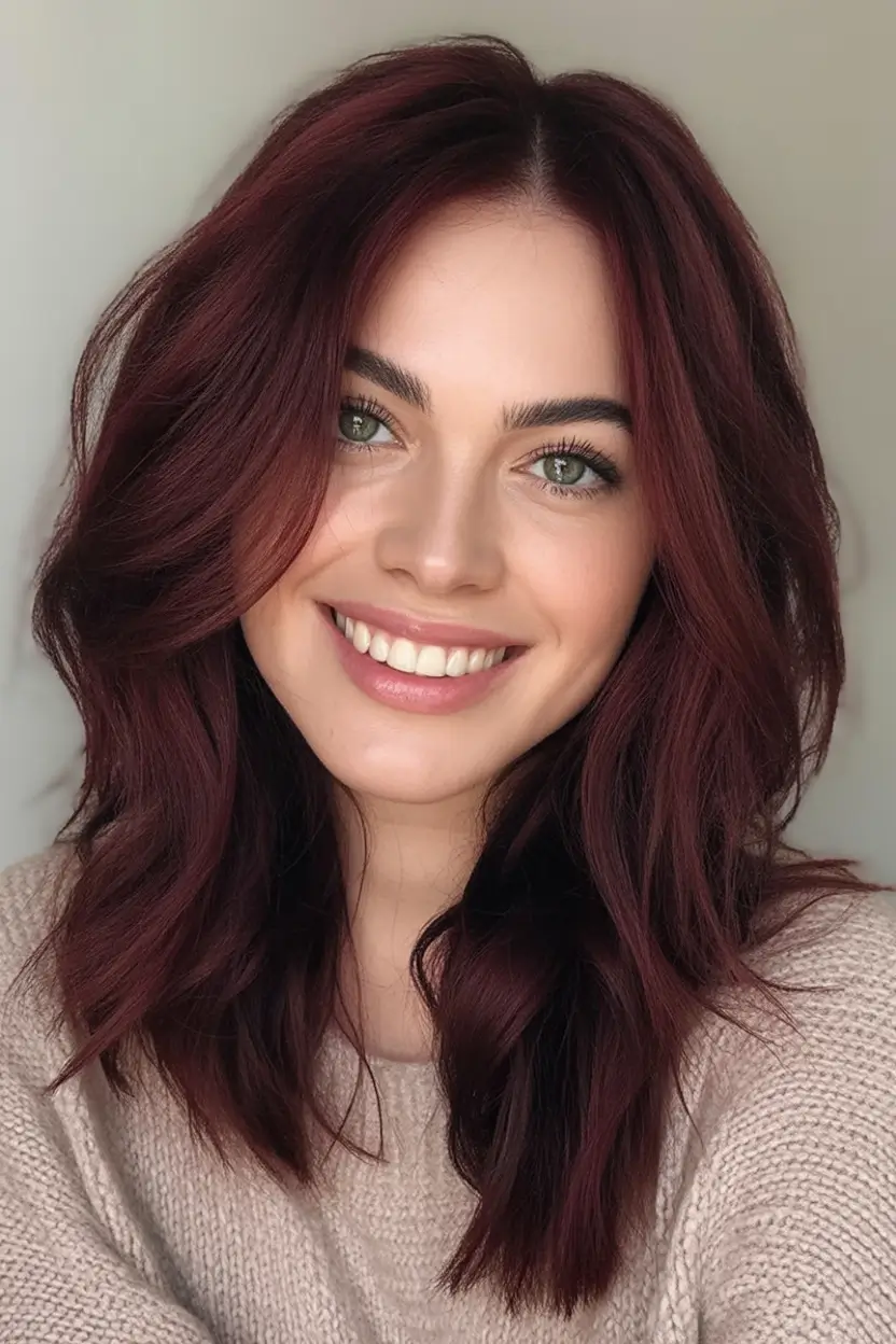 August Haircut Ideas 2025 Soft Burgundy Waves with All the Volume