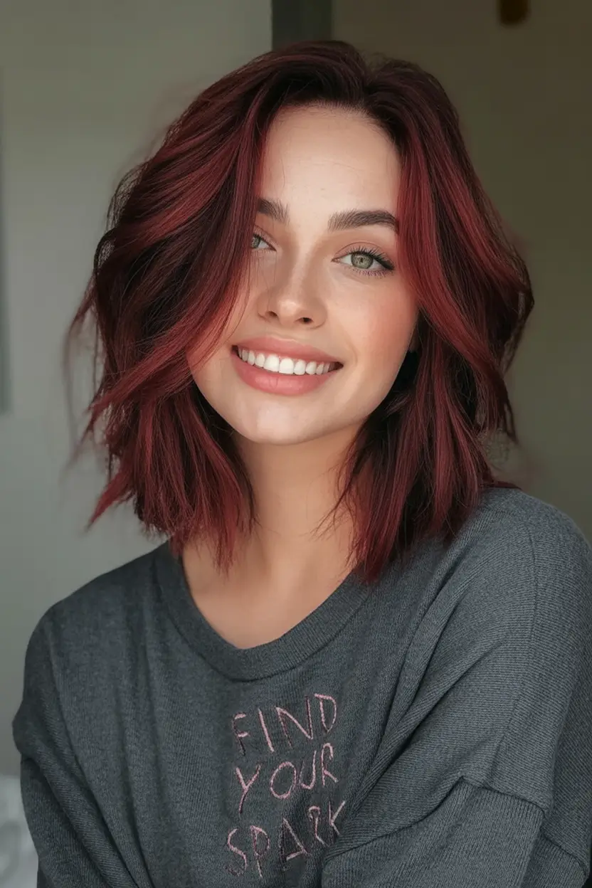 August Haircut Ideas 2025 Rosy Copper Glam for Wavy Hair