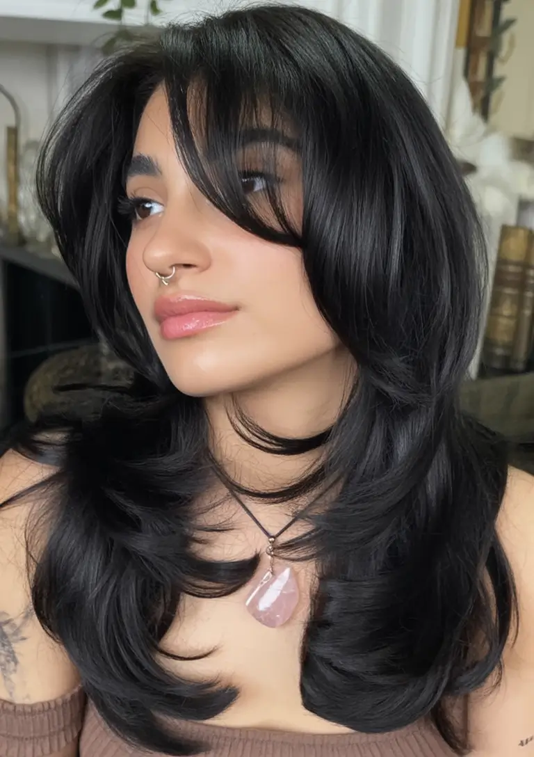 August Haircut Ideas 2025 Jet Black Feathered Layers