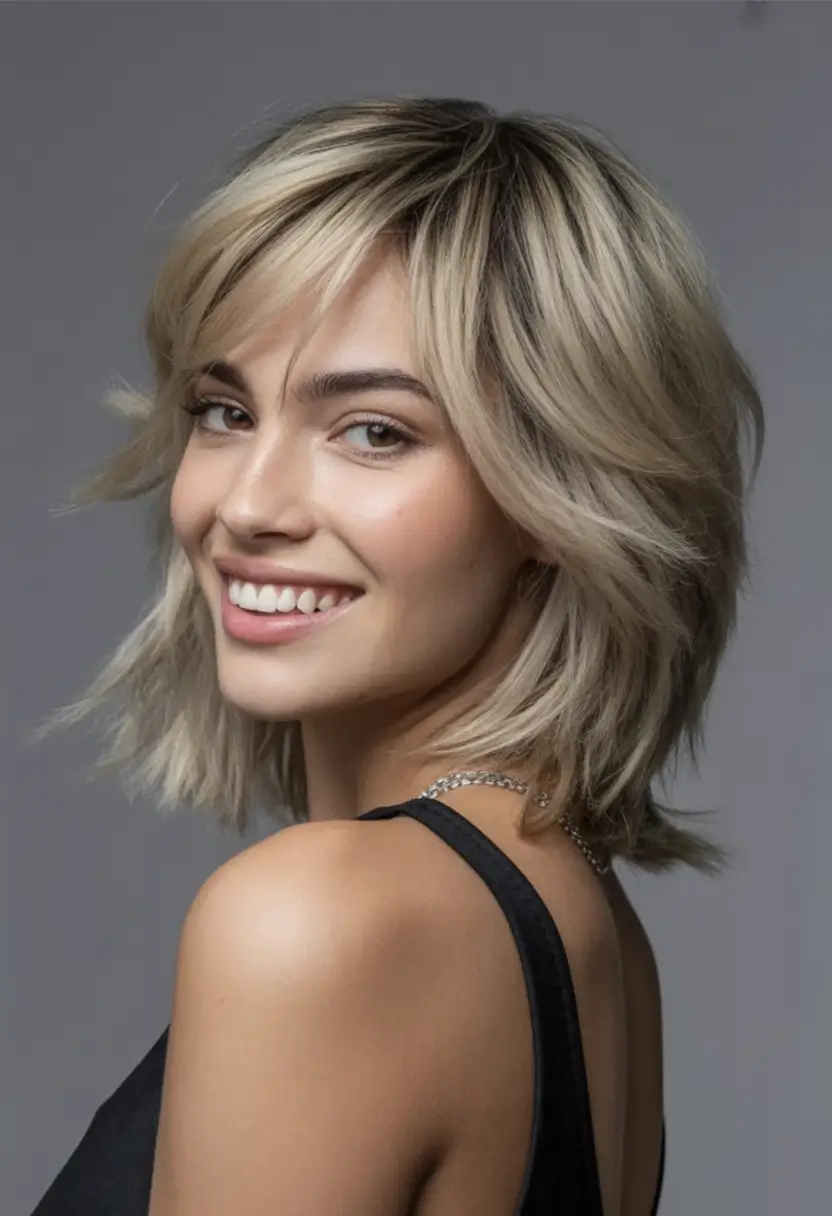 August Haircut Ideas 2025 Mid-Length Shag with Champagne Blonde Tones