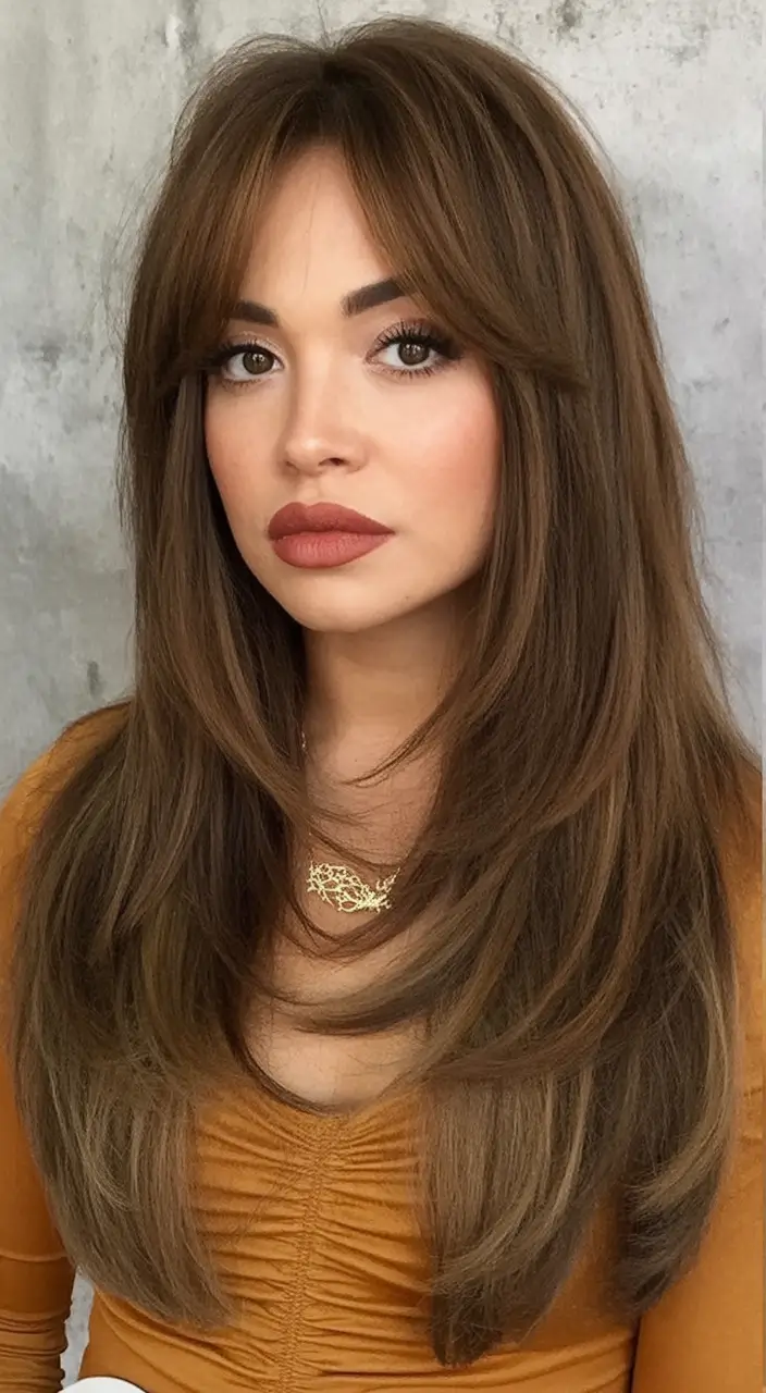 August Haircut Ideas 2025 Layered Blowout with Soft Front Bangs