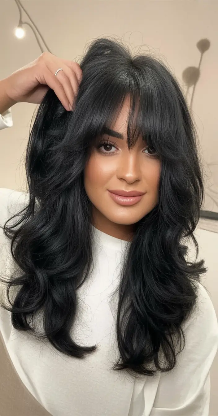 August Haircut Ideas 2025 Glossy Black Volume with Bangs