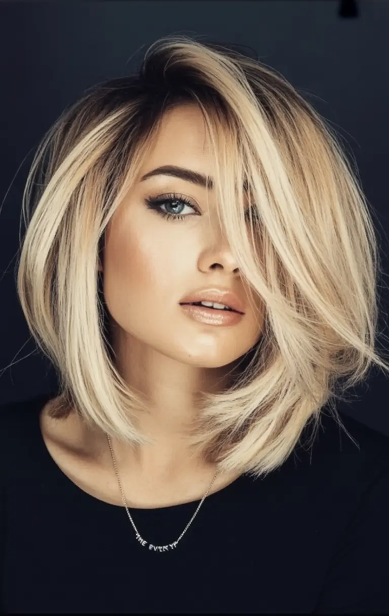 August Haircut Ideas 2025 Asymmetrical Blonde Bob with a Bold Side Part