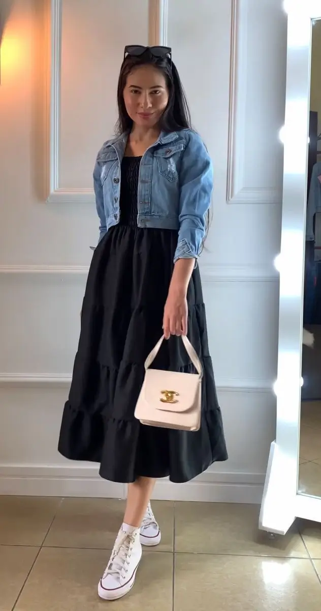back to school outfits for teens ideas 2025 Black Dress, White Kicks, All-Season Ready