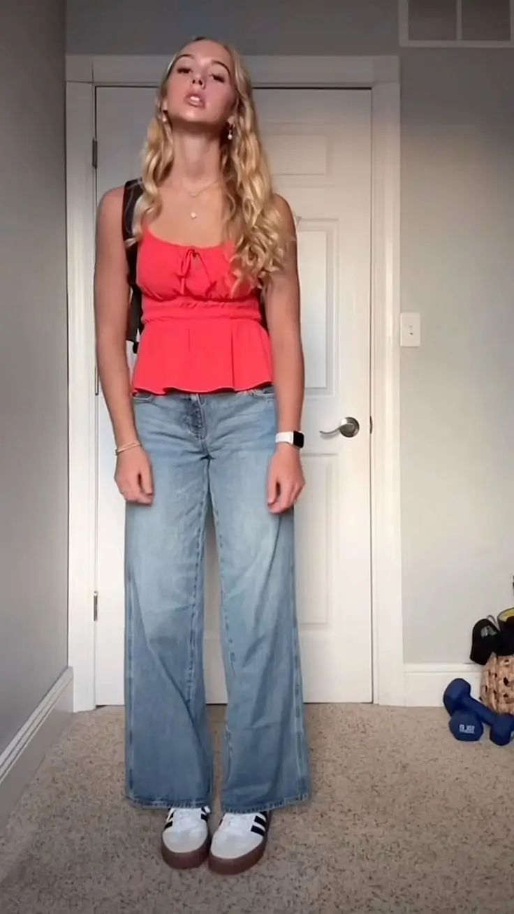 back to school outfits for teens ideas 2025 Coral Pop and Wide Denim