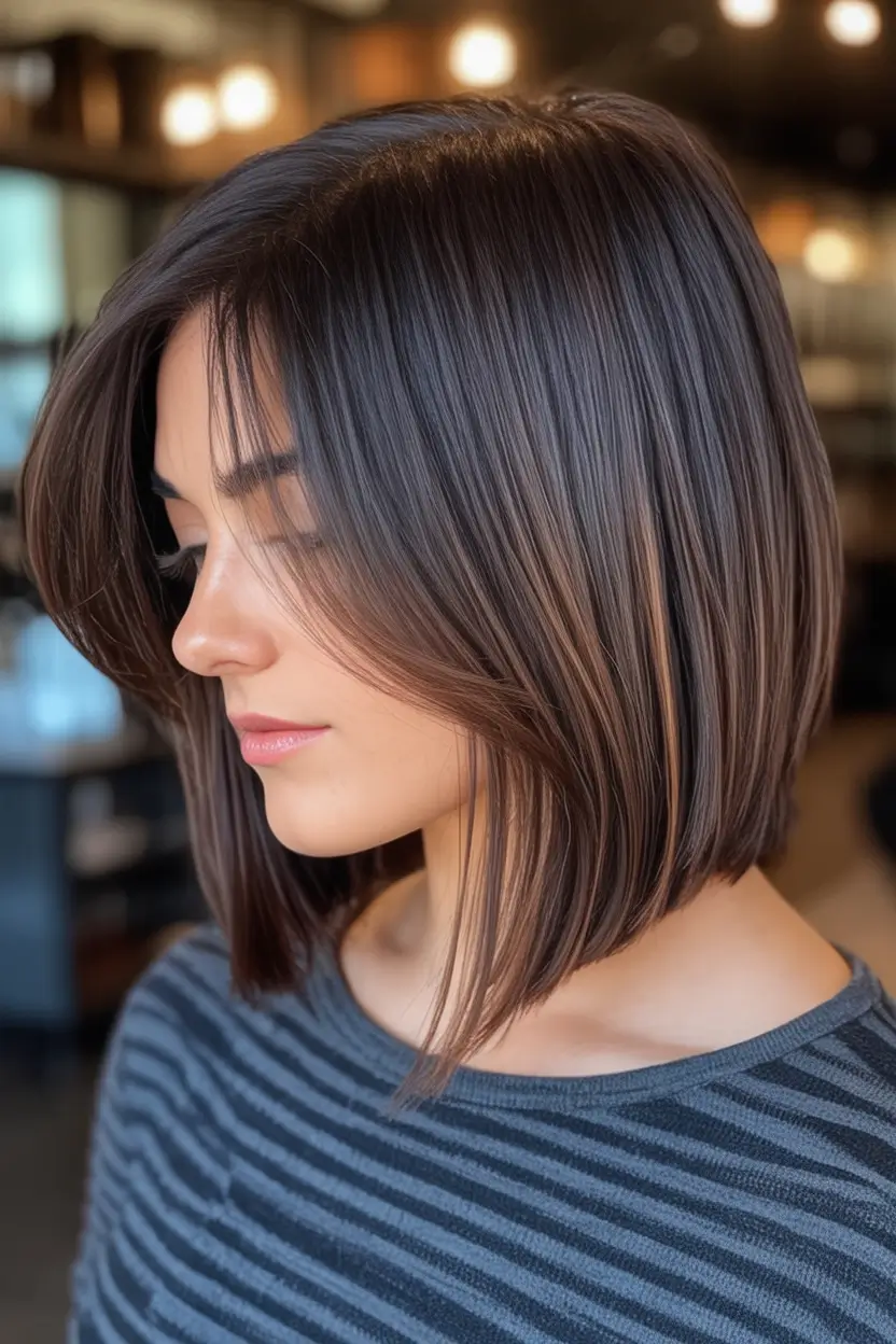 Best Fall 2025 Haircuts for Women Side-Parted Sleek Angled Bob