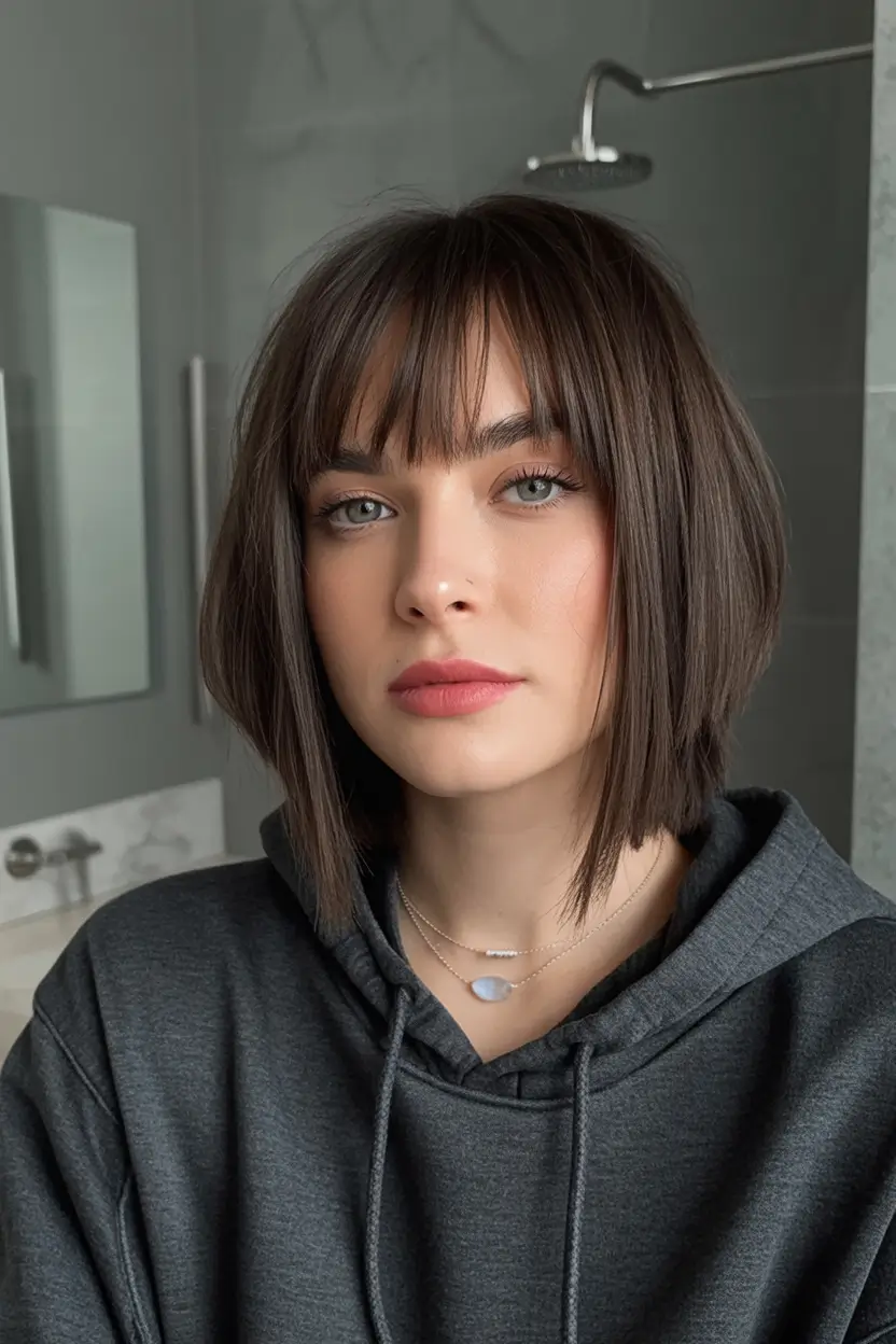 Best Fall 2025 Haircuts for Women Blunt Bob with Airy Bangs