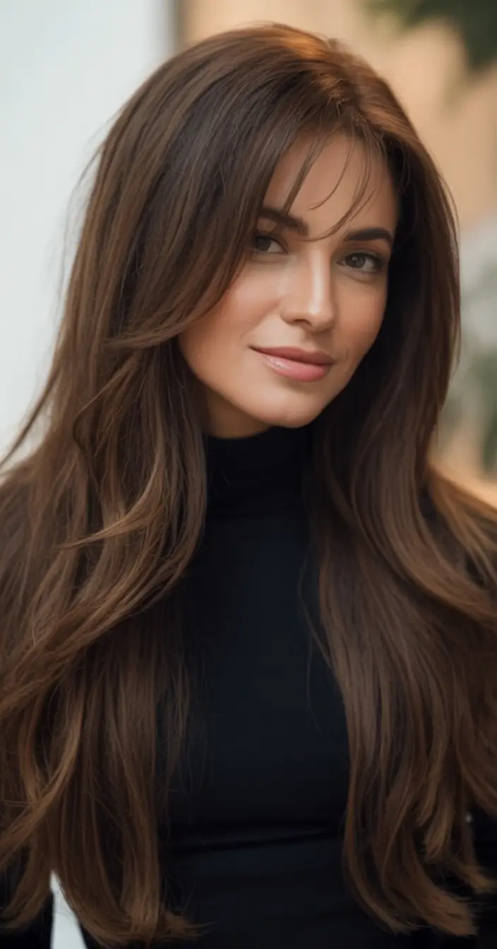 Best Fall 2025 Haircuts for Women 90s-Inspired Long Layers with Bangs