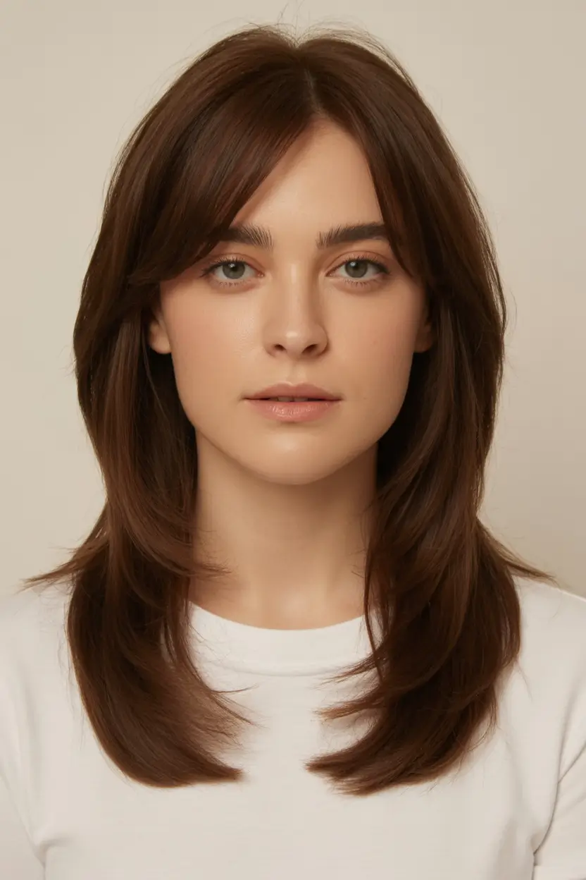 Best Fall 2025 Haircuts for Women Clean Layers with a Soft Center Fringe