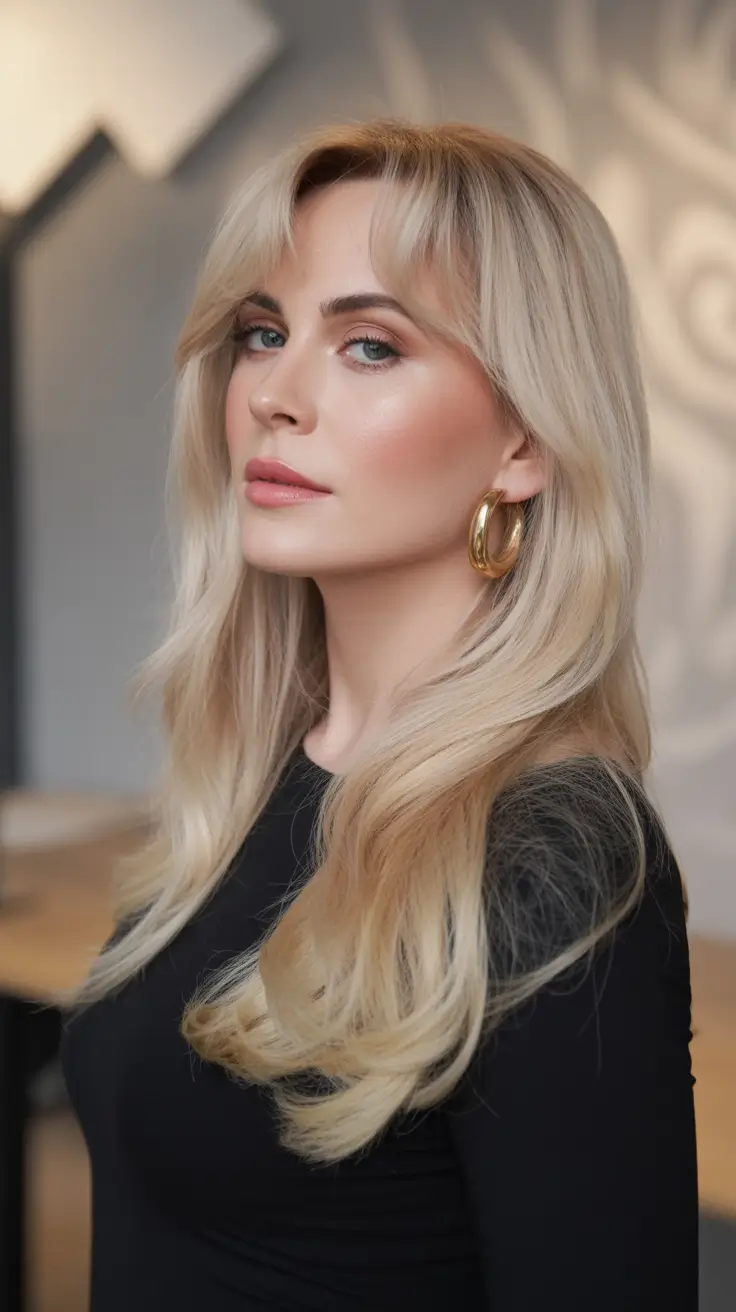 Best Fall 2025 Haircuts for Women Blonde Curtain Bangs on Long Layers