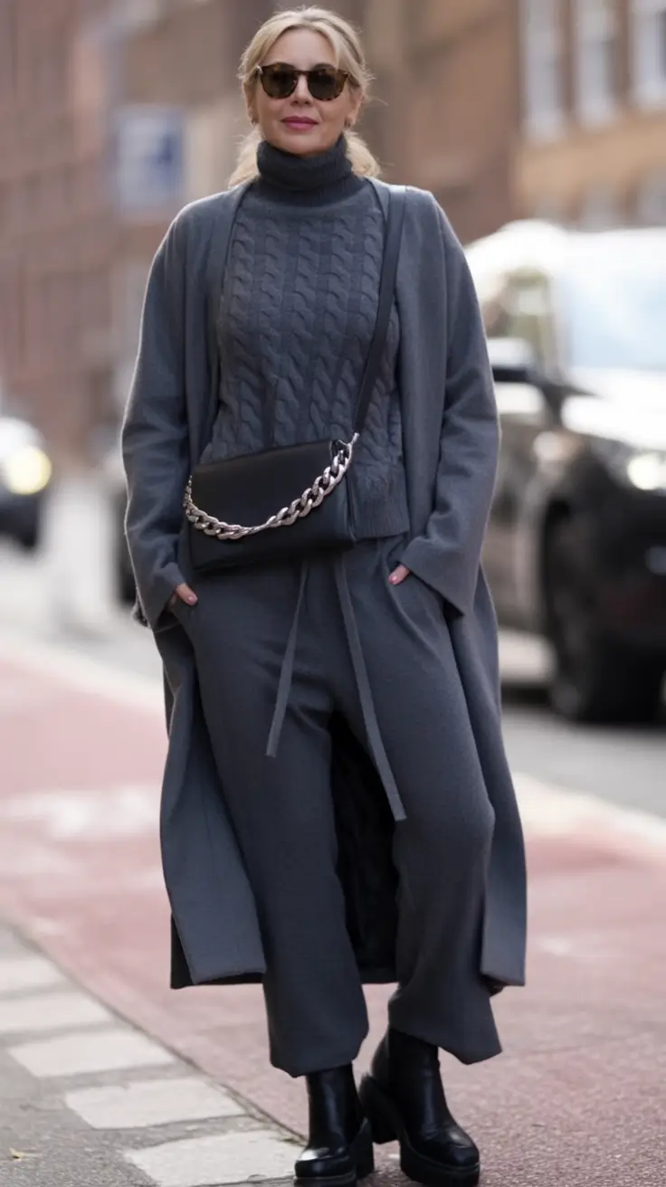 fall outfits for women over 50 Cozy Monochrome for City Days
