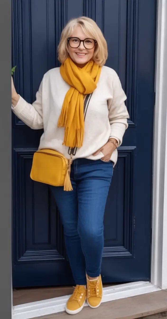 fall outfits for women over 50 Golden Accents Meet Denim Ease