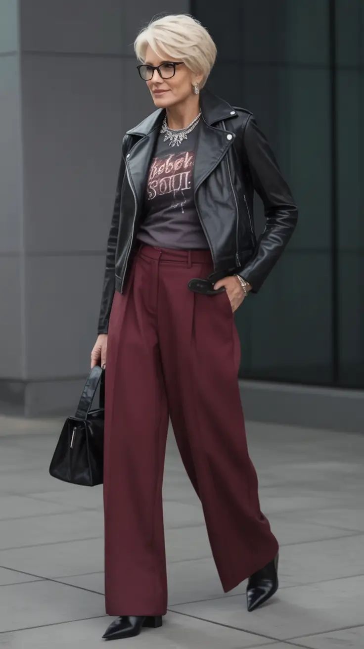 fall outfits for women over 50 Leather & Wine Tones with a Rock Edge