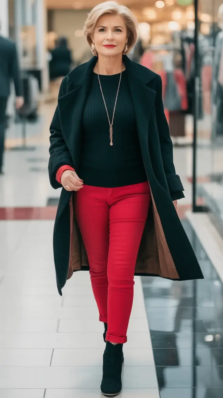 fall outfits for women over 50 Red Statement Legs & Black Elegance
