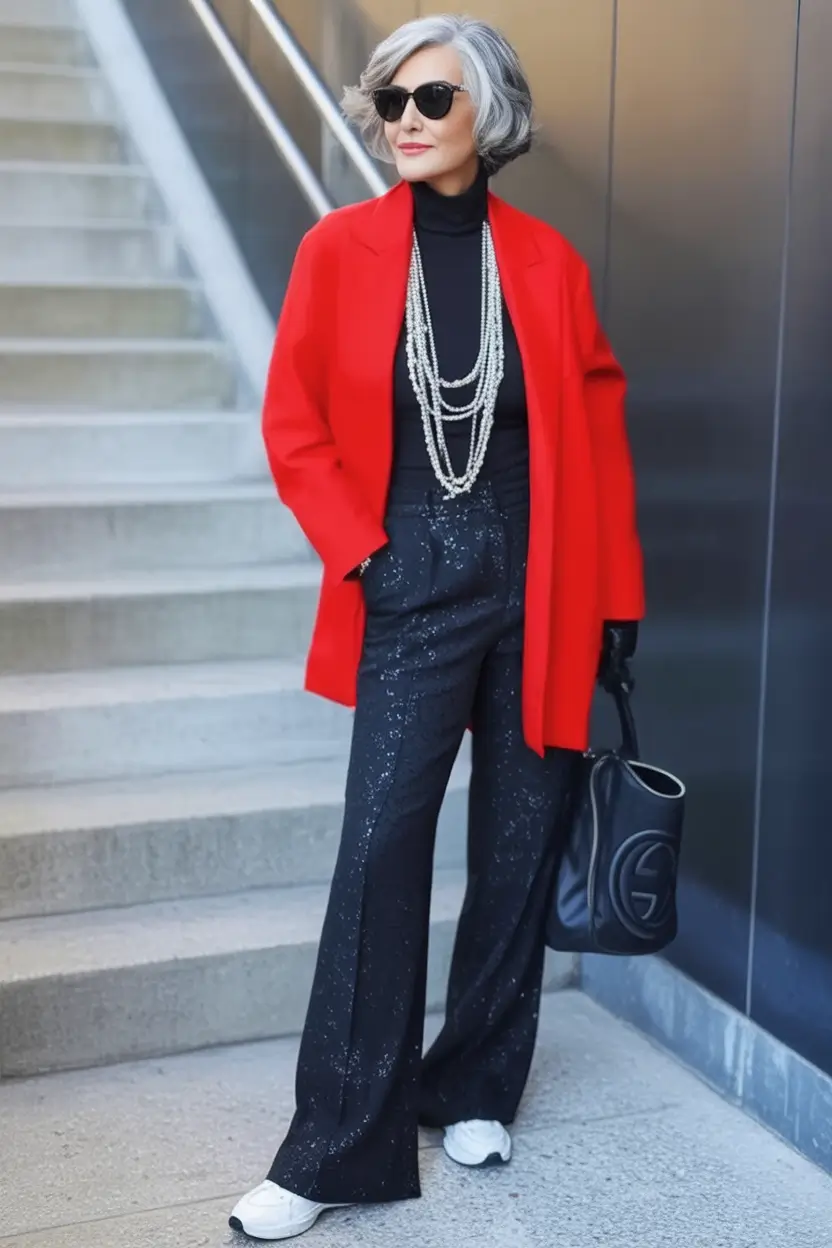 fall outfits for women over 50 Pearls and Power in Red