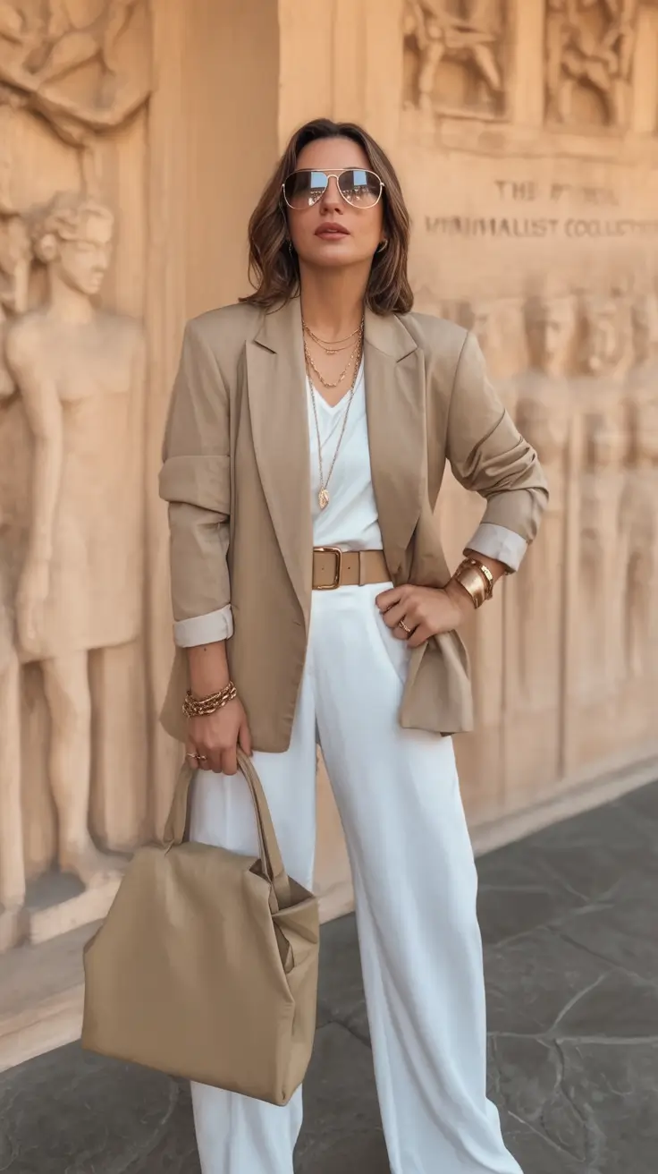 Classy fall women outfits for work 2025 Understated Luxe with Taupe and White