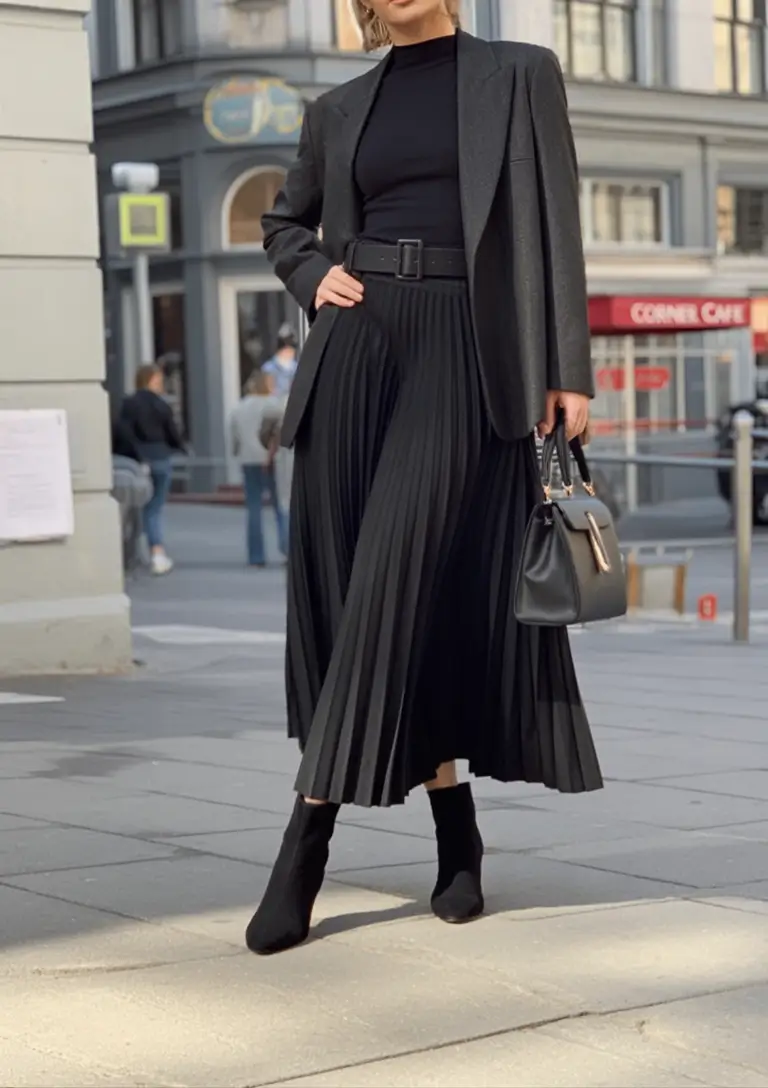 Classy fall women outfits for work 2025 Pleated Noir for the Win