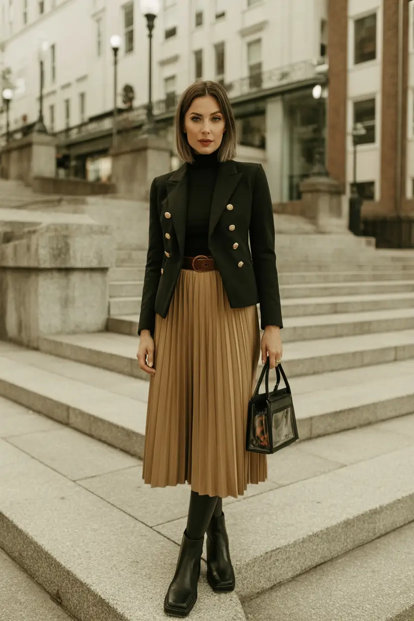 Classy fall women outfits for work 2025 Autumn Royalty in Pleats and Power