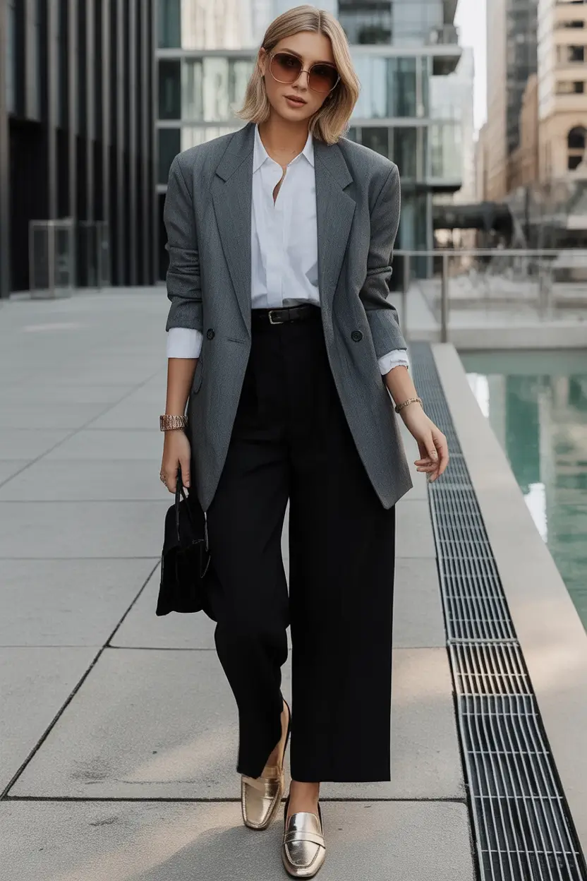 Classy fall women outfits for work 2025 Grey Blazer Gold Soul