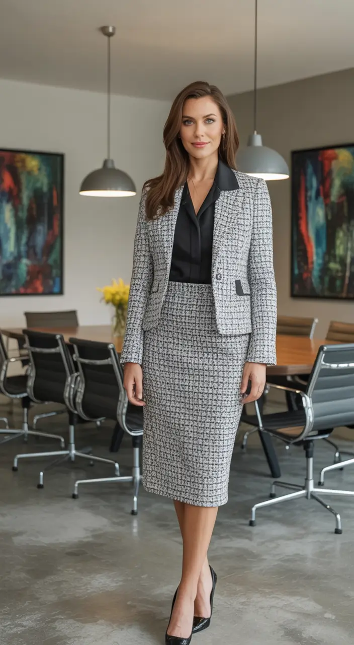 Classy fall women outfits for work 2025 Boardroom Tweed with a Side of Sass