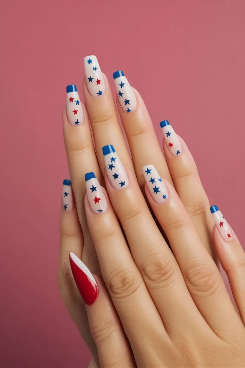 Effortless July 4th Nails for 2025 Star-Flecked French Tips With A Twist
