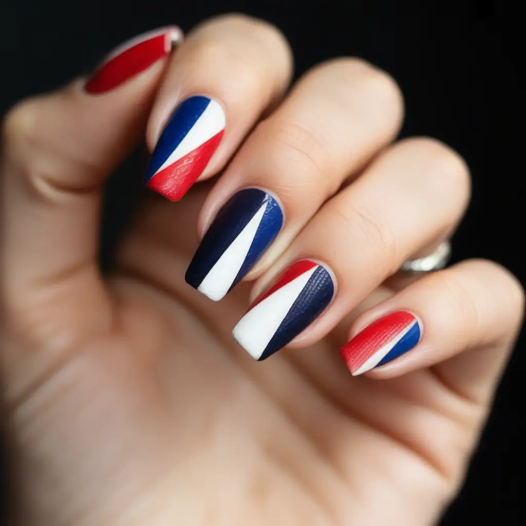 Effortless July 4th Nails for 2025 Tri-Color Stripes In Sharp Contrast