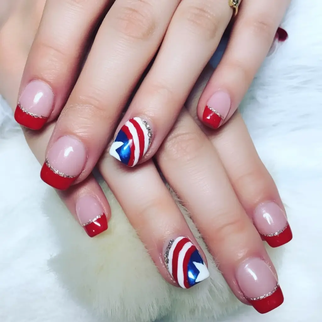Effortless July 4th Nails for 2025 Red Glitter French With Patriotic Accent