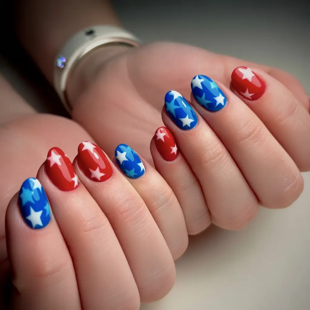Effortless July 4th Nails for 2025 Starry Red and Blue Celebration