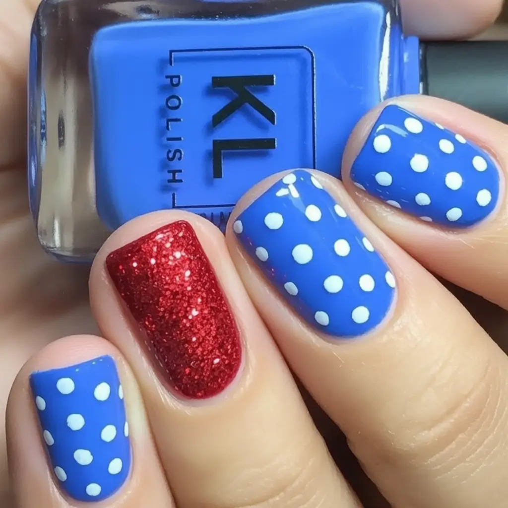 Effortless July 4th Nails for 2025 Glitter Dots And Playful Polka Charm