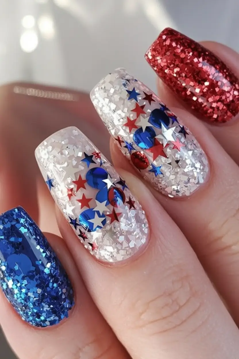 Effortless July 4th Nails for 2025 Star-Studded Sparkle With Bold Glitter