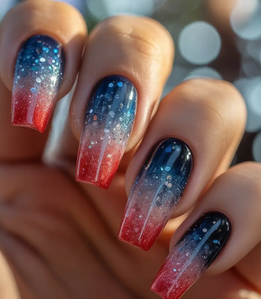 Effortless July 4th Nails for 2025 Ombre Glitter Fade With Patriotic Spark
