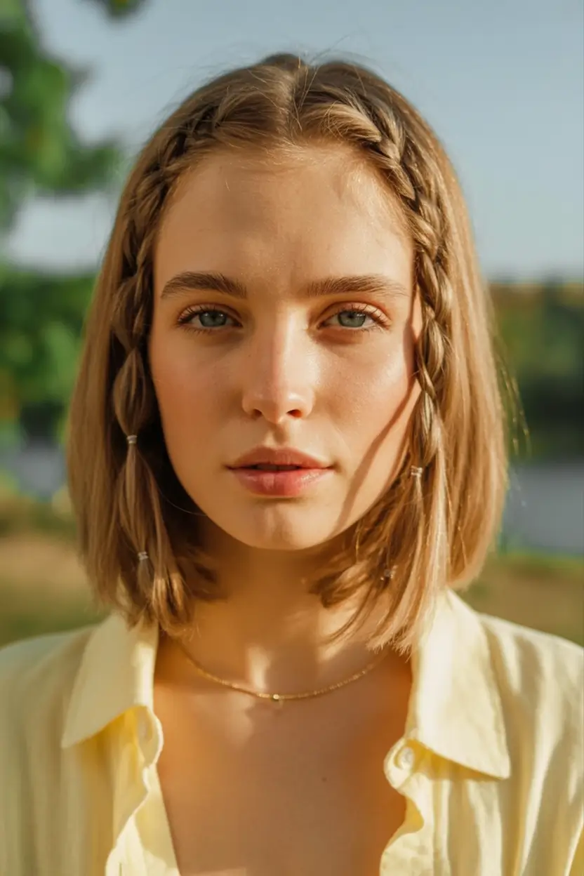 end of summer hairstyles ideas 2025 Plaited Halo on Sun-Touched Bob